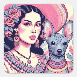 Vrouw met haar Xolo Mexicaanse haarloze hond Vierkante Sticker