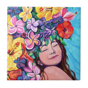 Vrouw met Hawaiian Flowers keramische Tegel Tegeltje