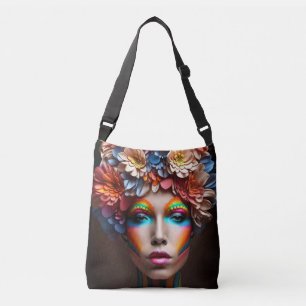Vrouw met heldere make-up en bloemen kroon crossbody tas