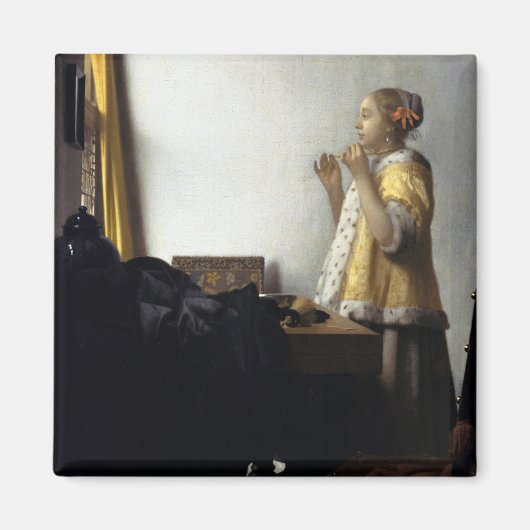 Vrouw met Ketting van Pearl door Johannes Vermeer Magneet (Voorkant)