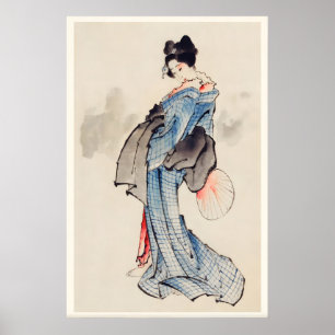 Vrouw met kimono met ruitontwerp Japanse fijne kun Poster
