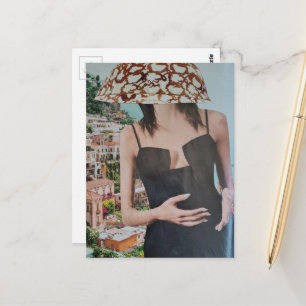 Vrouw met kom op haar hoofd surreële collage briefkaart
