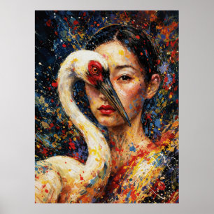 Vrouw met Kraanvogel Kleurrijke Spatten Poster