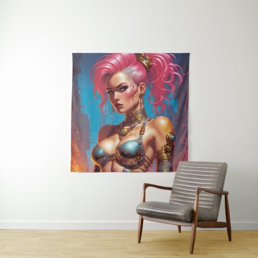 Vrouw met mooi roze haar wandkleed (In situ)