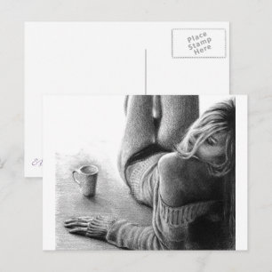 Vrouw met ochtendkoffie Potlood tekenkunst Briefkaart