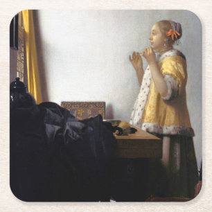 Vrouw met parelsnoer, Johannes Vermeer Vierkante Kartonnen Onderzetter