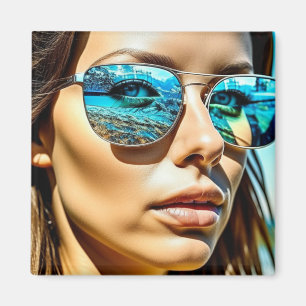  vrouw met reflectie van strandzonnebril magneet