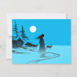Vrouw met rendier in de sneeuw onder een volle maa briefkaart