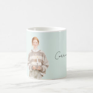 Vrouw met rode haren trui kaars koffiemok