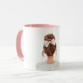 Vrouw met rood haar en roze strik mok (Voorkant links)