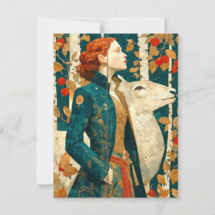 Vrouw met rood haar, herfstberkenbos, rendieren briefkaart