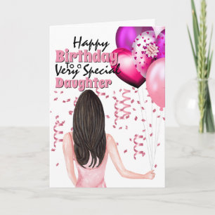 Vrouw met roze ballonnen confetti kaart