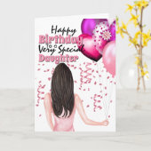 Vrouw met roze ballonnen confetti party kaart (Gele Bloem)