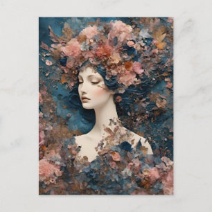 Vrouw met Roze Bloemen Gemengde Media Collage Briefkaart