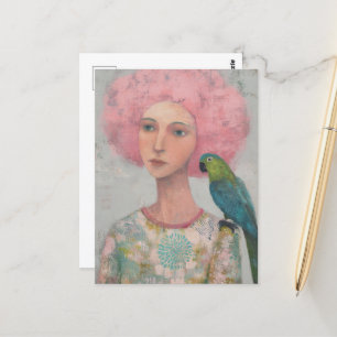 Vrouw met roze haar en een vogel briefkaart
