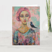 Vrouw met roze haar en een vogel op haar schouder kaart (Voorkant)