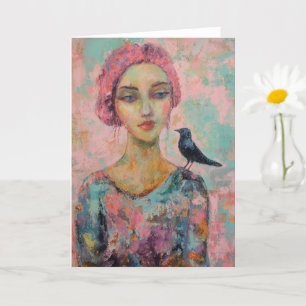 Vrouw met roze haar en een vogel op haar schouder kaart