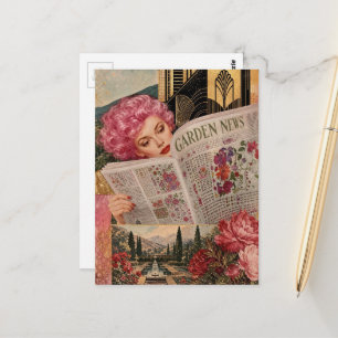 Vrouw Met Roze Haar Leest Tuin KrantMixed Media Briefkaart