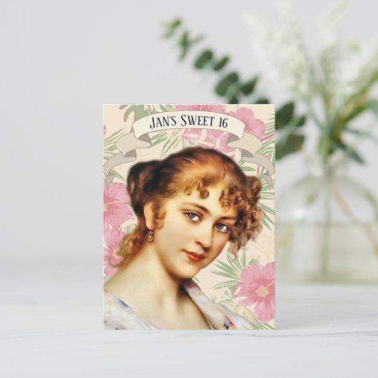 vrouw met roze hibiscus Bloemuitnodiging Briefkaart (Staand voorkant)