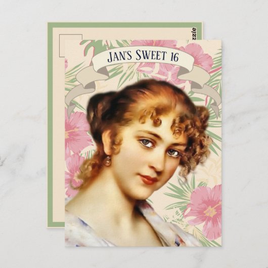 vrouw met roze hibiscus Bloemuitnodiging Briefkaart (Voorkant / Achterkant)