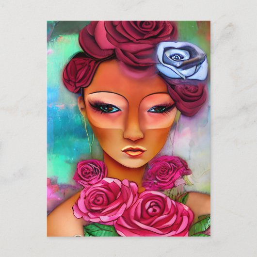 Vrouw met Rozen gemengde media collage Briefkaart (Voorkant)