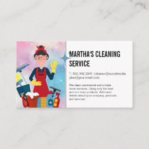 Vrouw met schoonmaakmiddelen schoonmaken van het visitekaartje