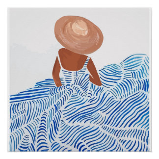 Vrouw met strohoed Blauwe jurk – Minimaal aan de k Perfect Poster