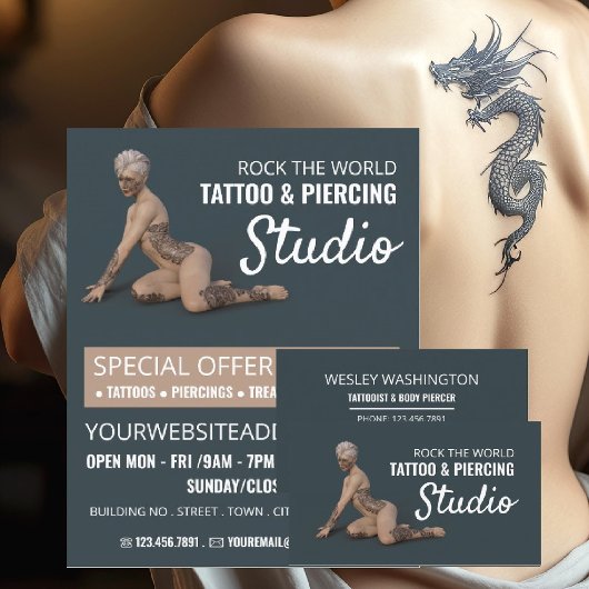 Vrouw met tatoeage, Tattoo & body Piercing Studio Flyer