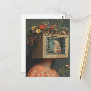 Vrouw met tv-hoofd en bloemen surreëel briefkaart