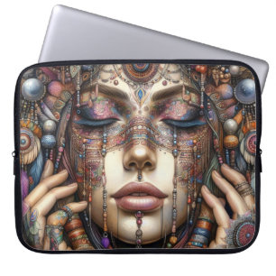 Vrouw met uitgebreide tribal-geïnspireerde versier laptop sleeve