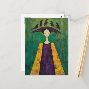 Vrouw Met Vogels Op Haar Hoofd Briefkaart