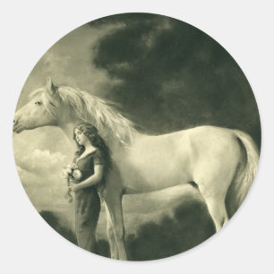 Vrouw met wit paard ronde sticker