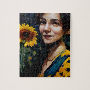 Vrouw met zonnebloem legpuzzel