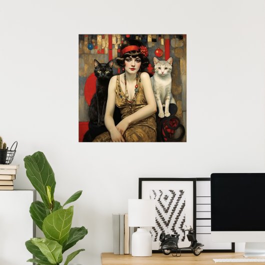 vrouw met zwarte en witte katten poster (Thuiskantoor)