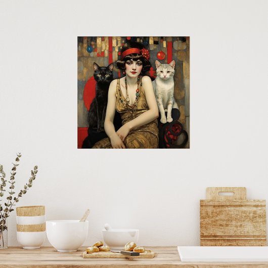 vrouw met zwarte en witte katten poster (Keuken)