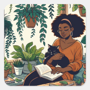 Vrouw Ontspannen met haar kat, boek en planten Vierkante Sticker