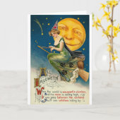 Vrouw op Broomstick All Halloween Kaart (Gele Bloem)