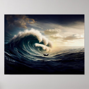 Vrouw op een kleine boot die de oceaan vaart poster