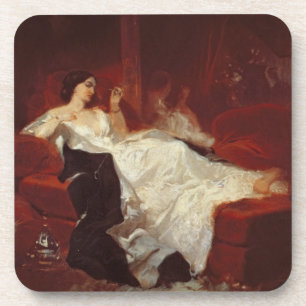 Vrouw op een rode sofa bier onderzetter