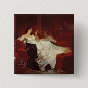 Vrouw op een rode sofa vierkante button 5,1 cm