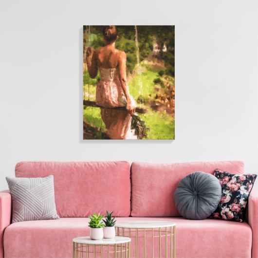 Vrouw op een schommel met bloemen canvas afdruk (Insitu (Woonkamer))
