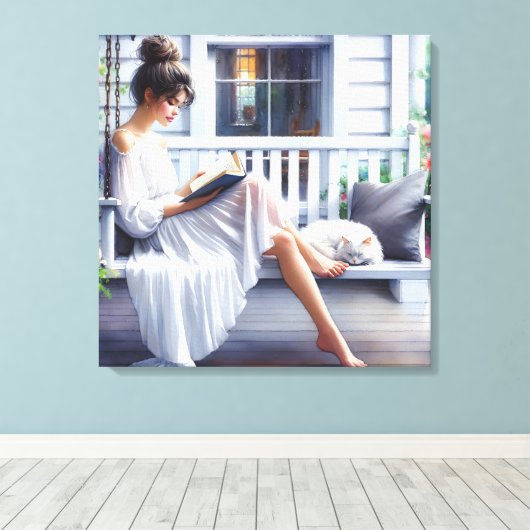  vrouw op een veranda schommel met kat canvas afdruk (Insitu (Houten vloer))