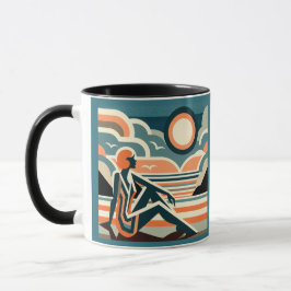 Vrouw op het strand bij Sunset Art Deco Design Mok