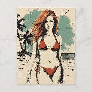 Vrouw op het strand in bikini briefkaart