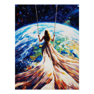 Vrouw op Schommel Boven Aarde Impasto Olie Schilde Perfect Poster