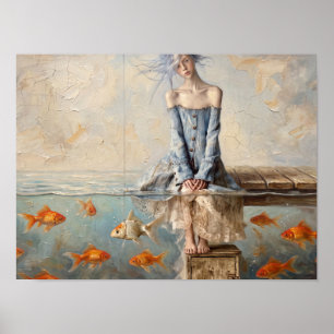 Vrouw op steiger met goudvis schilderij poster