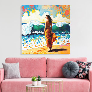 Vrouw op strand Abstract kustkunst Canvas Afdruk