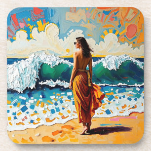 Vrouw op strand Abstract kustkunst Persoonlijk Bier Onderzetter