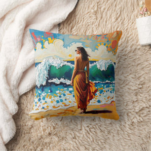 Vrouw op strand Abstract kustkunst Persoonlijk Kussen