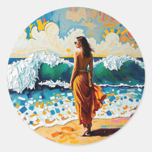 Vrouw op strand Abstract kustkunst Ronde Sticker